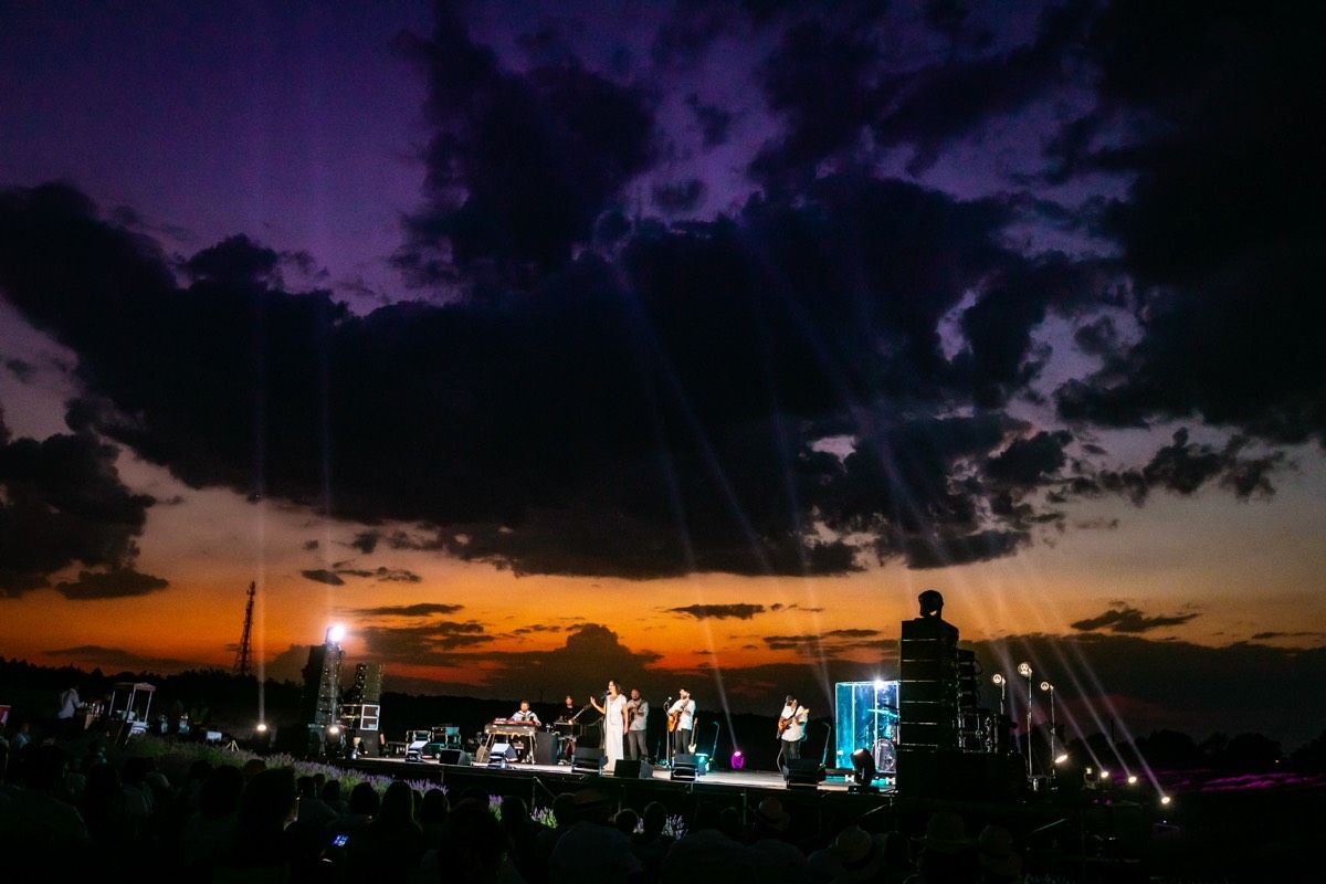 Concierto de Luz Casal en el Festival de La Lavanda. Imagen tomada por Uli fotografo de conciertos. Vista general del escenario con grupo tocando durante la puesta del sol.